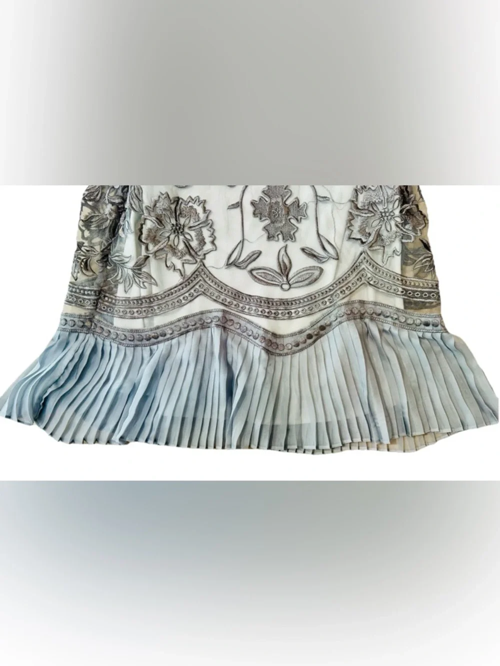 Silver Floral Embroidered Sheer Midi Dress satin Slip Sz S Ruffled Hem Wedding